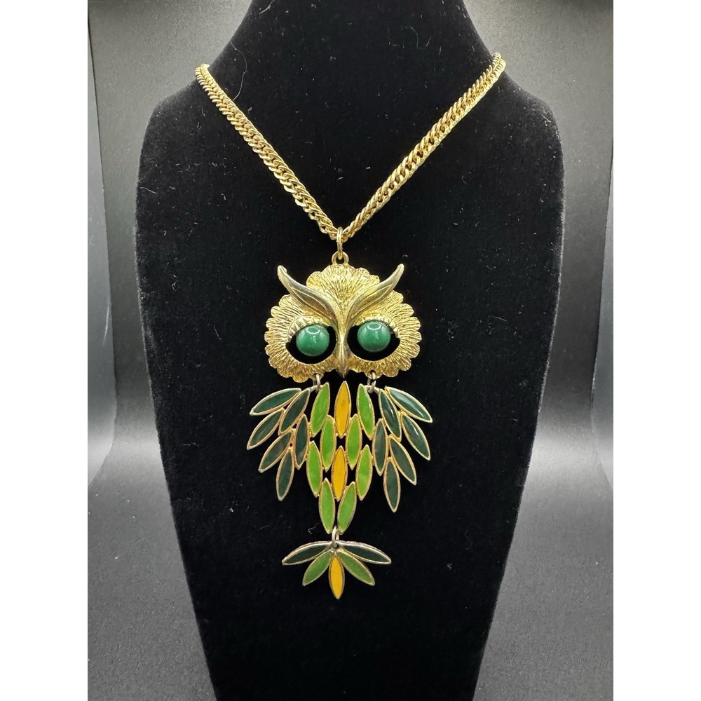 Gold Tone Necklace With 3.5" Green Eyes Owl Pendant‎ - 24"
